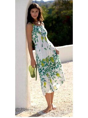 Ro's Garden Camillie Midi Dress XL Byron Yellow Lemon Leaf Print Cotton Coastal